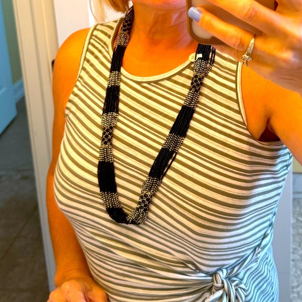 Glass seed beads Black and White Beaded Necklace 32” length 16 strands.